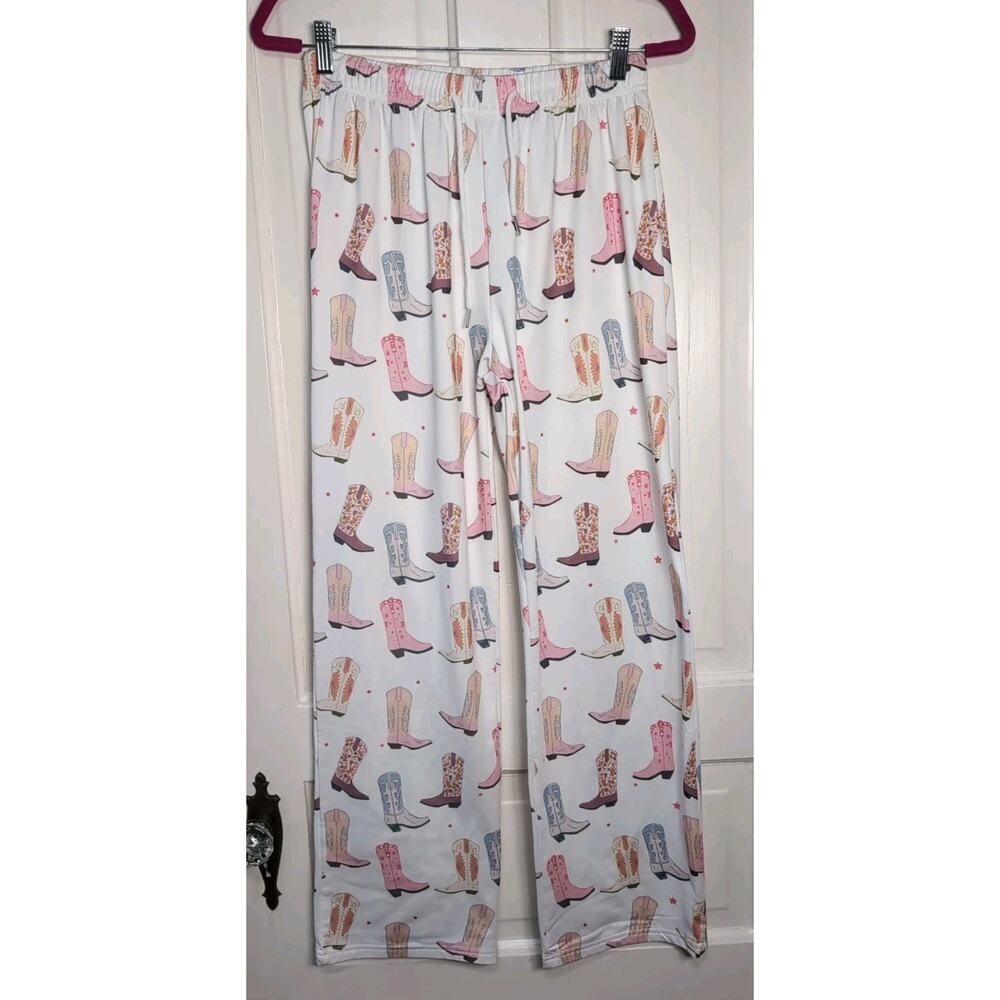 Paisley Box Cowboy Boot Print Pajama Pants Western Women's S (1134)